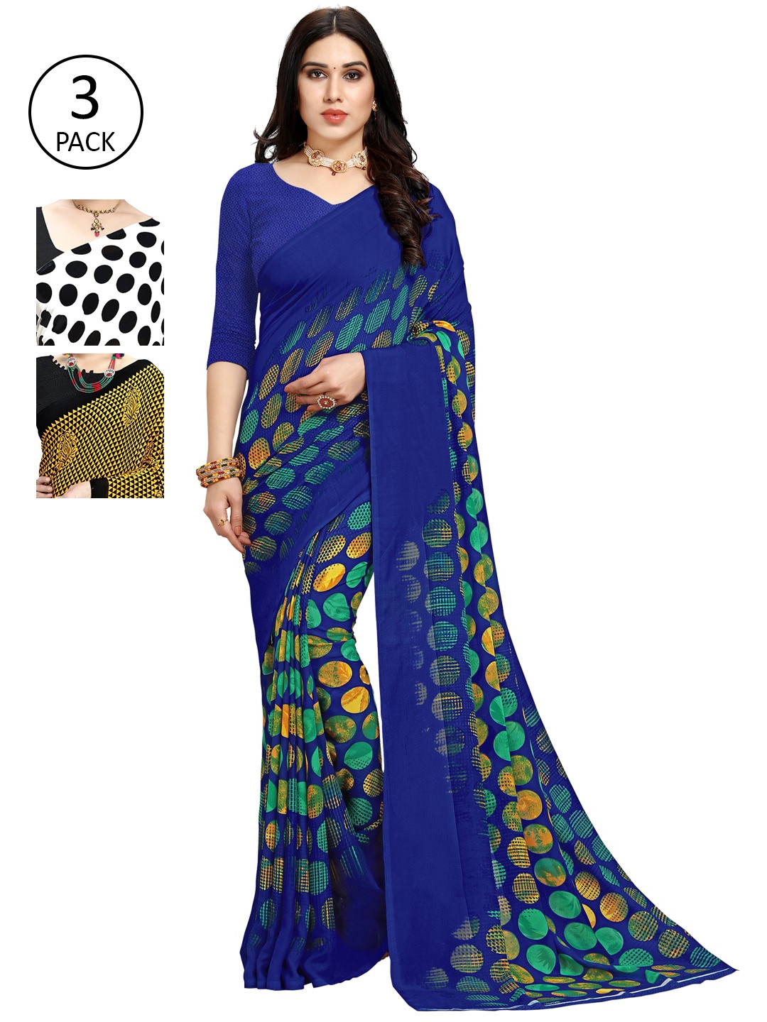 ANAND SAREES Black & Yellow Pack Of 3 Printed Saree