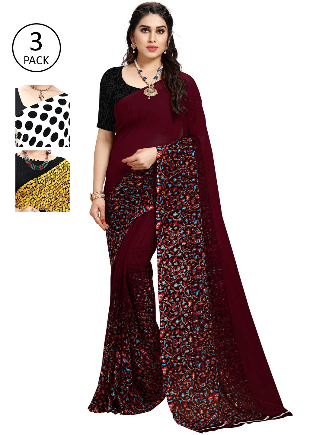 KALINI Pack of 3 Printed Sarees, Multi