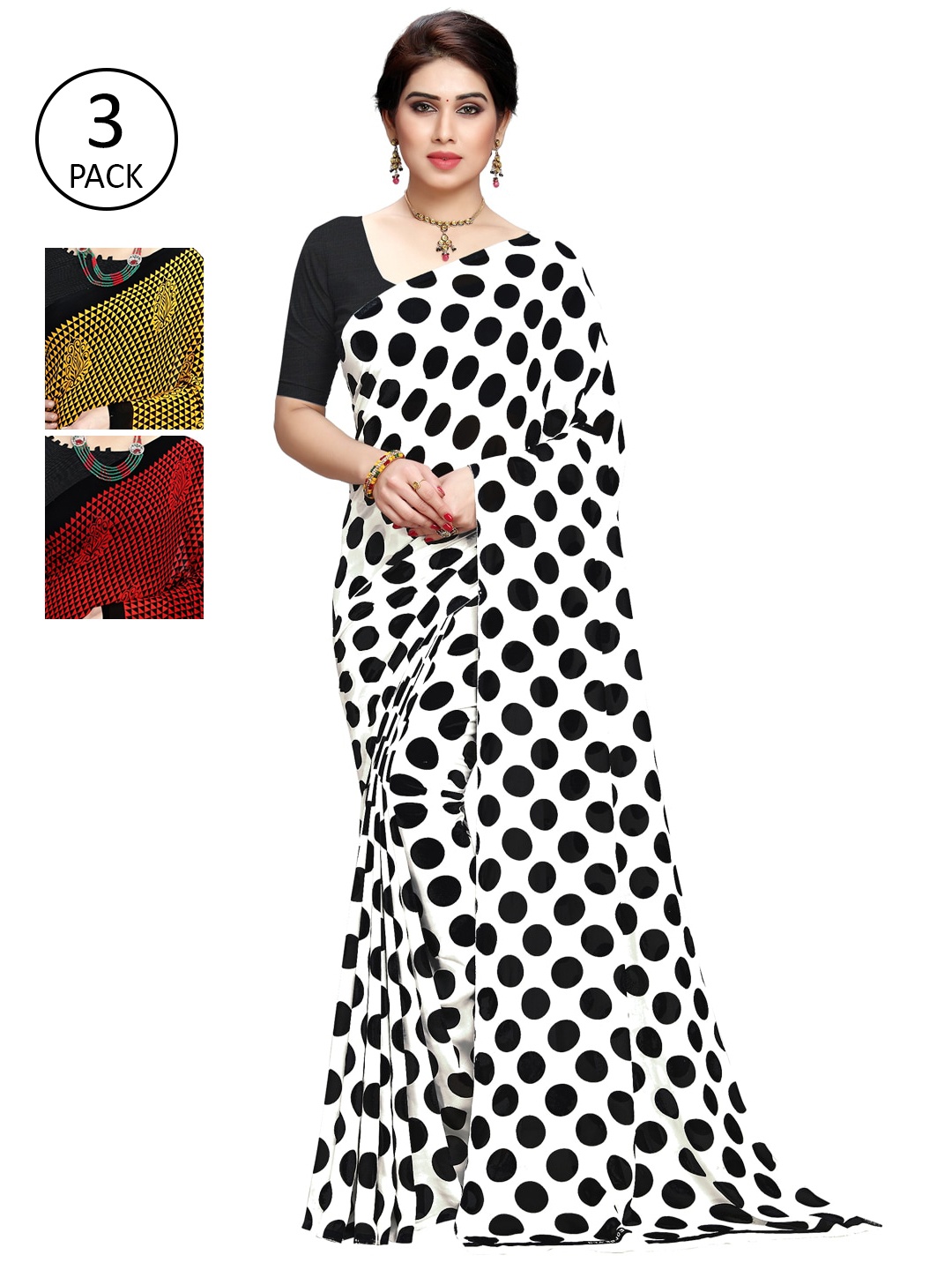 KALINI Pack Of 3 Multicoloured Printed Sarees, Black