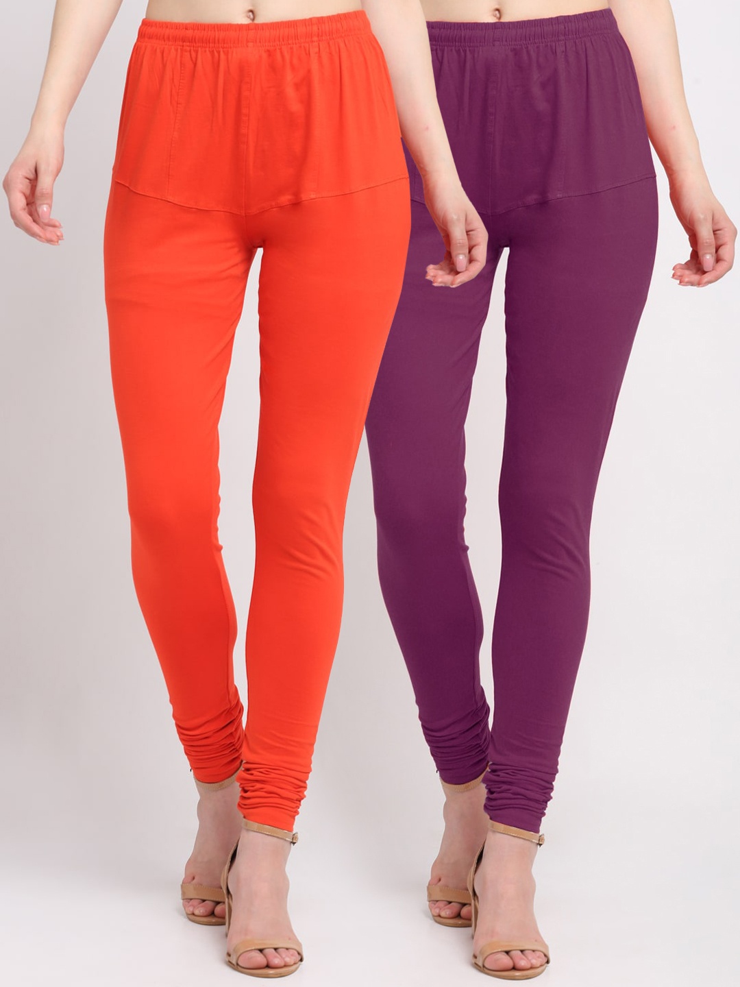 KLOTTHE Women Pack Of 2 Solid Cotton Churidar-Length Leggings, Purple