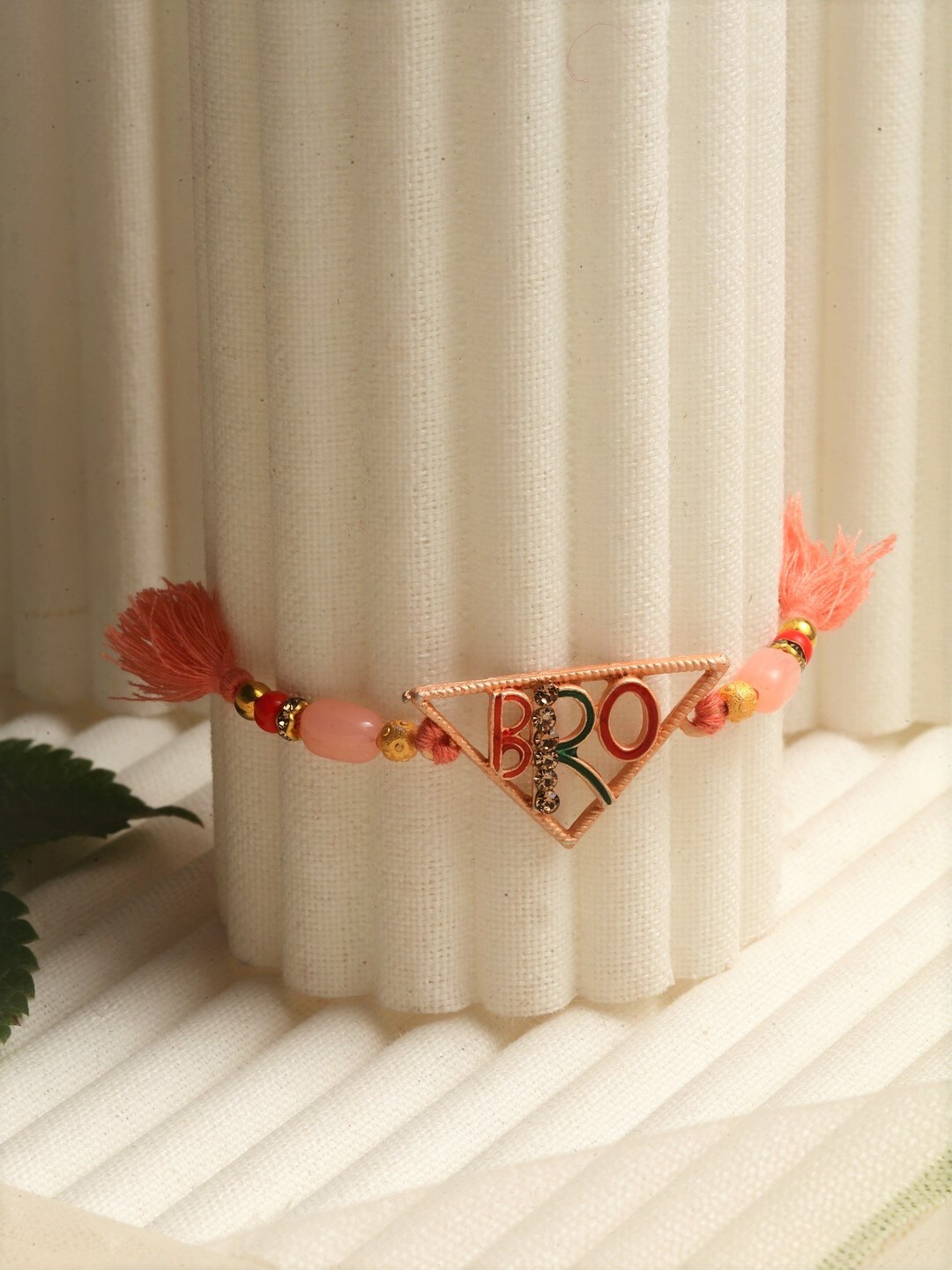 PANASH Pink & Gold-Toned Beaded BRO Rakhi With Roli Chawal