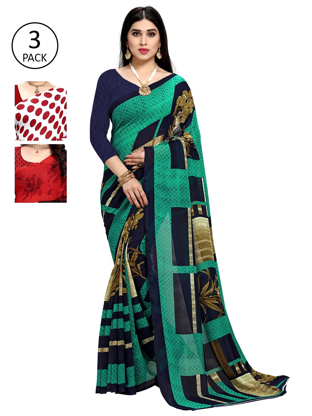 KALINI Set Of 3 Multicoloured Poly Georgette Printed Sarees, Multi