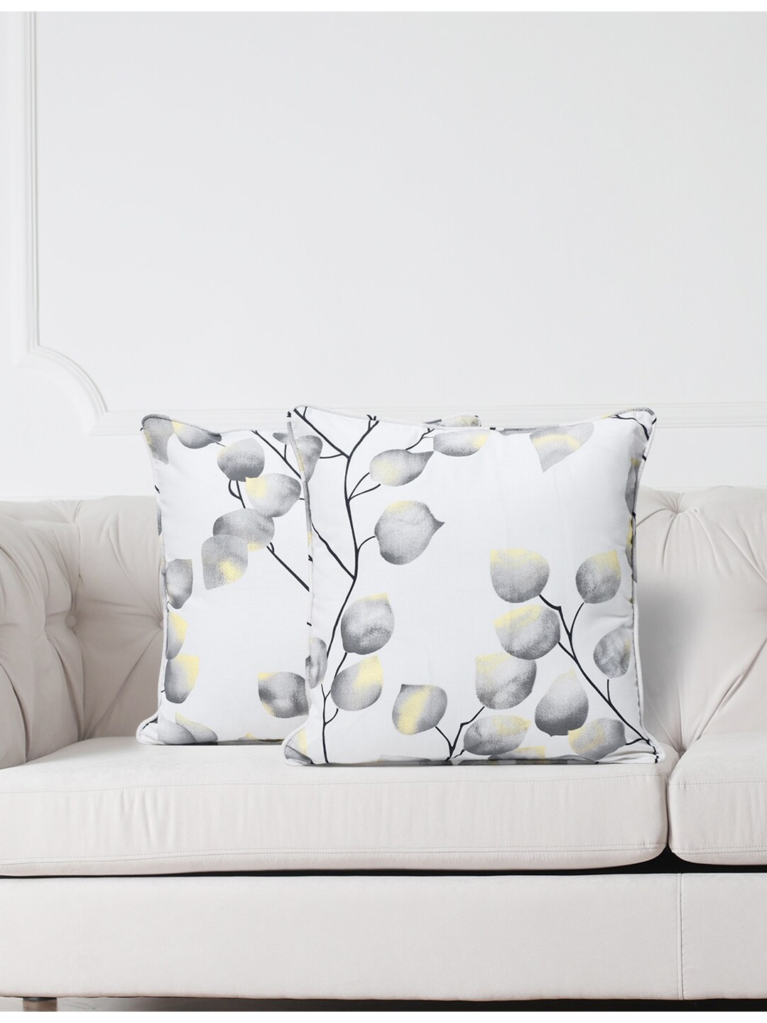 SWAYAM White & Grey Set of 2 Floral Square Cushion Covers