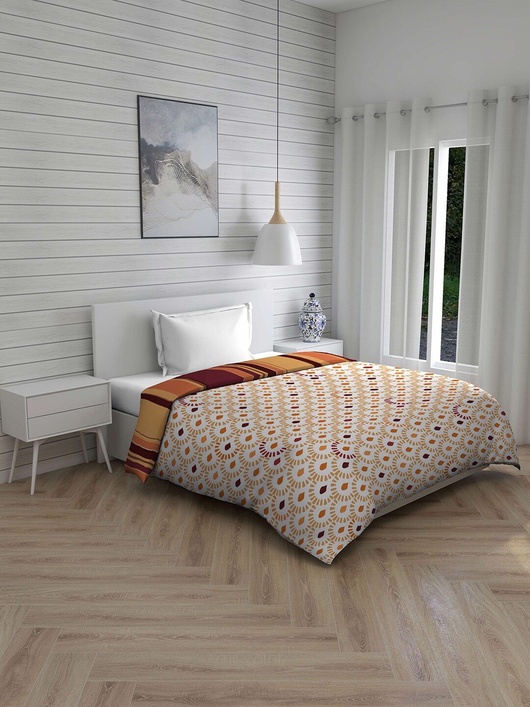Layers Off White & Orange Geometric AC Room 120 GSM Single Bed Comforter