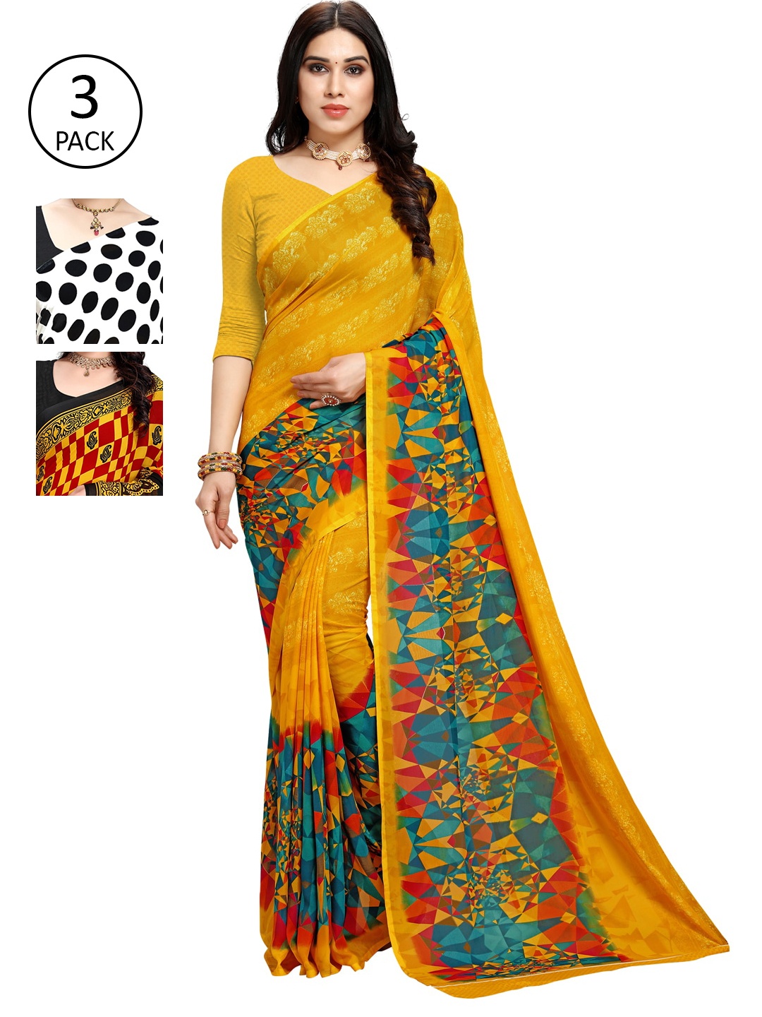KALINI Pack Of 3 Black Yellow & Red Printed Saree