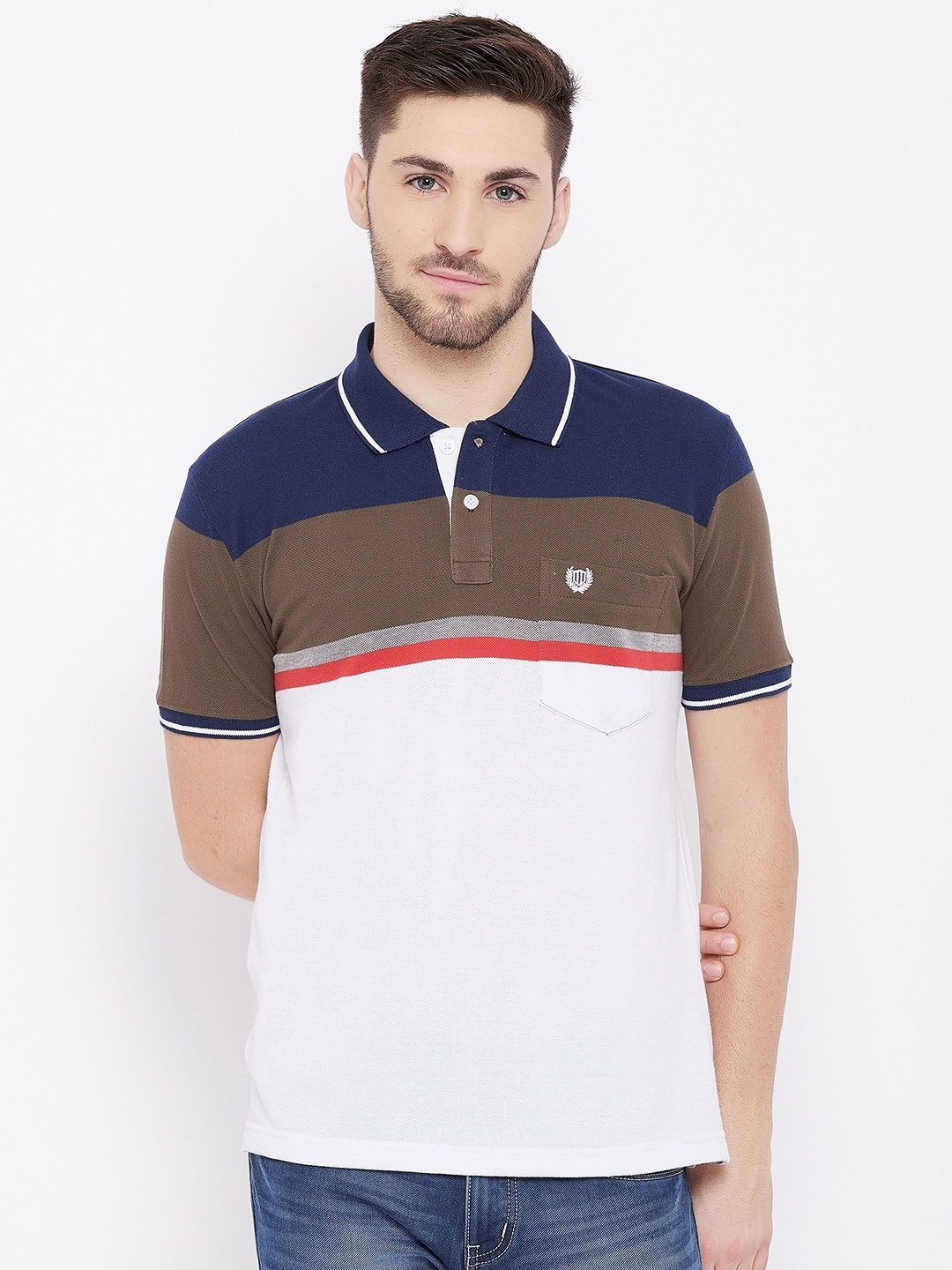 Duke Men Navy Blue Striped Polo Collar T-shirt