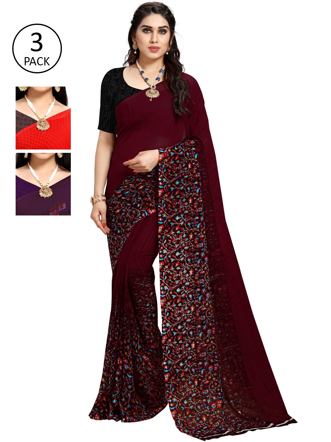 KALINI Pack Of 3 Multicoloured Poly Georgette Sarees, Multi