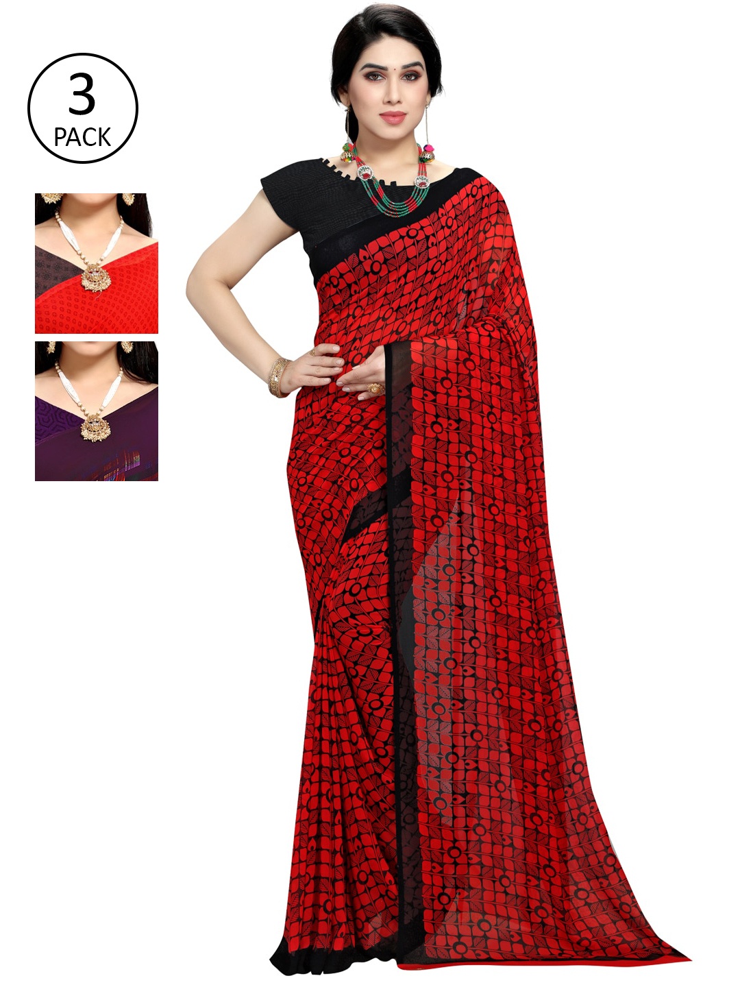 KALINI Pack of 3 Printed Poly Geogrette Sarees, Purple