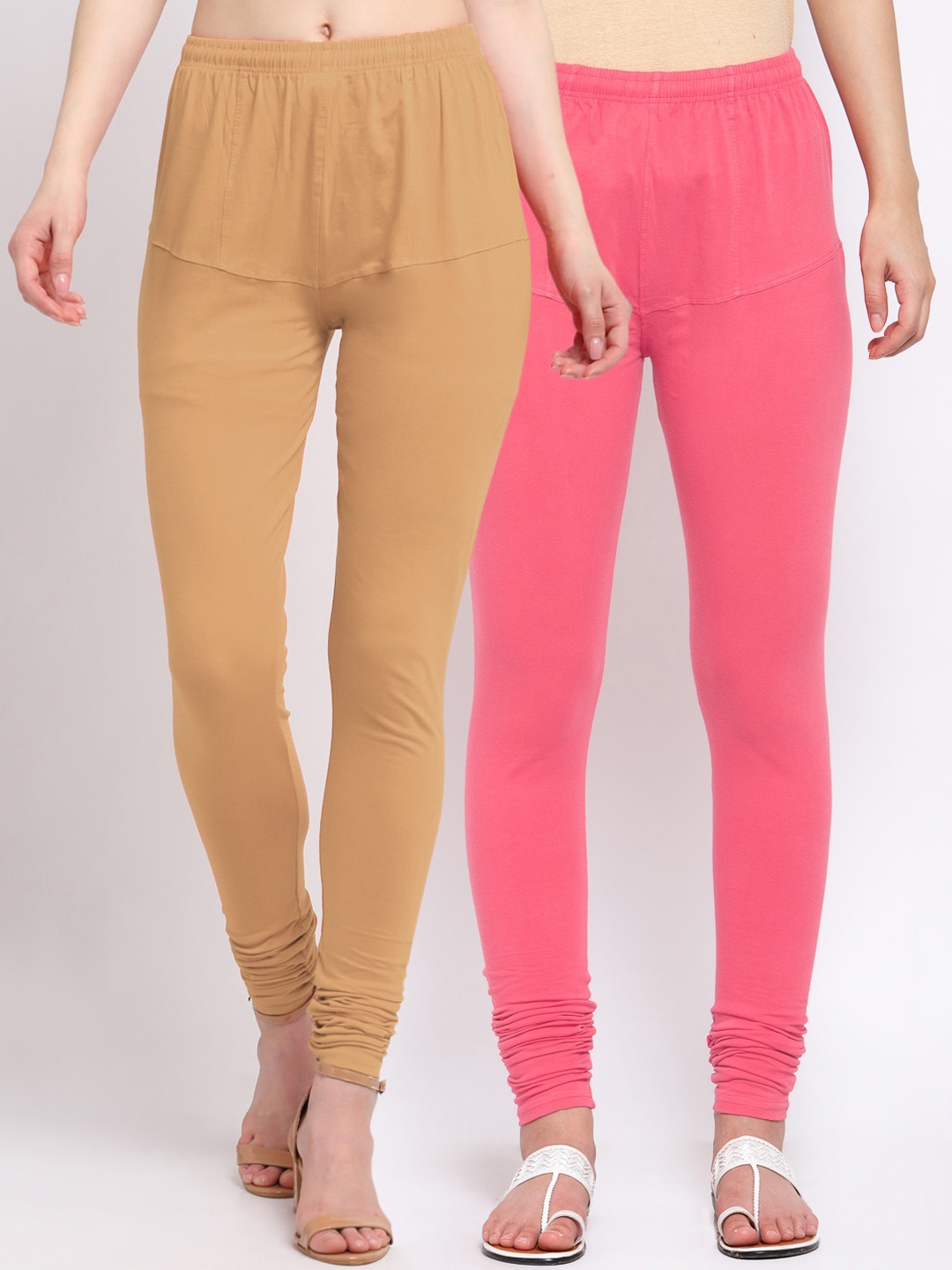 KLOTTHE Women Pack of 2 Solid Cotton Churidar-Length Leggings, Pink