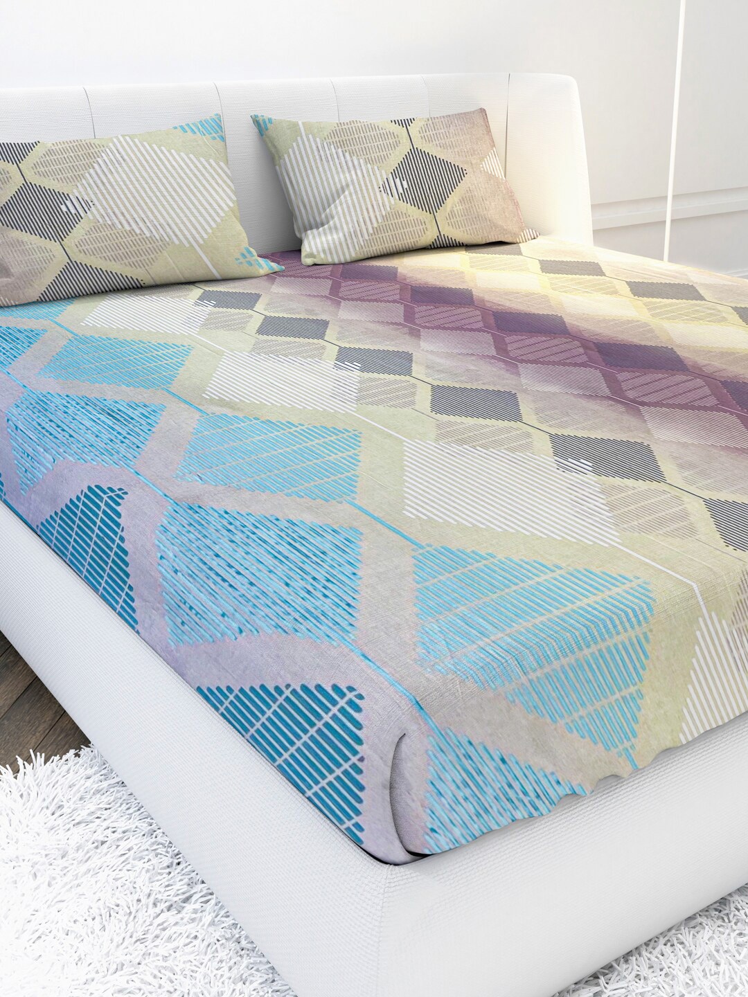 MAYFAIR HOMES LONDON Purple & Turquoise Blue Geometric 144 TC King Bedsheet with 2 Pillow Covers
MAYFAIR HOMES LONDON Purple & Turquoise Blue Geometric 144 TC King Bedsheet with 2 Pillow Covers