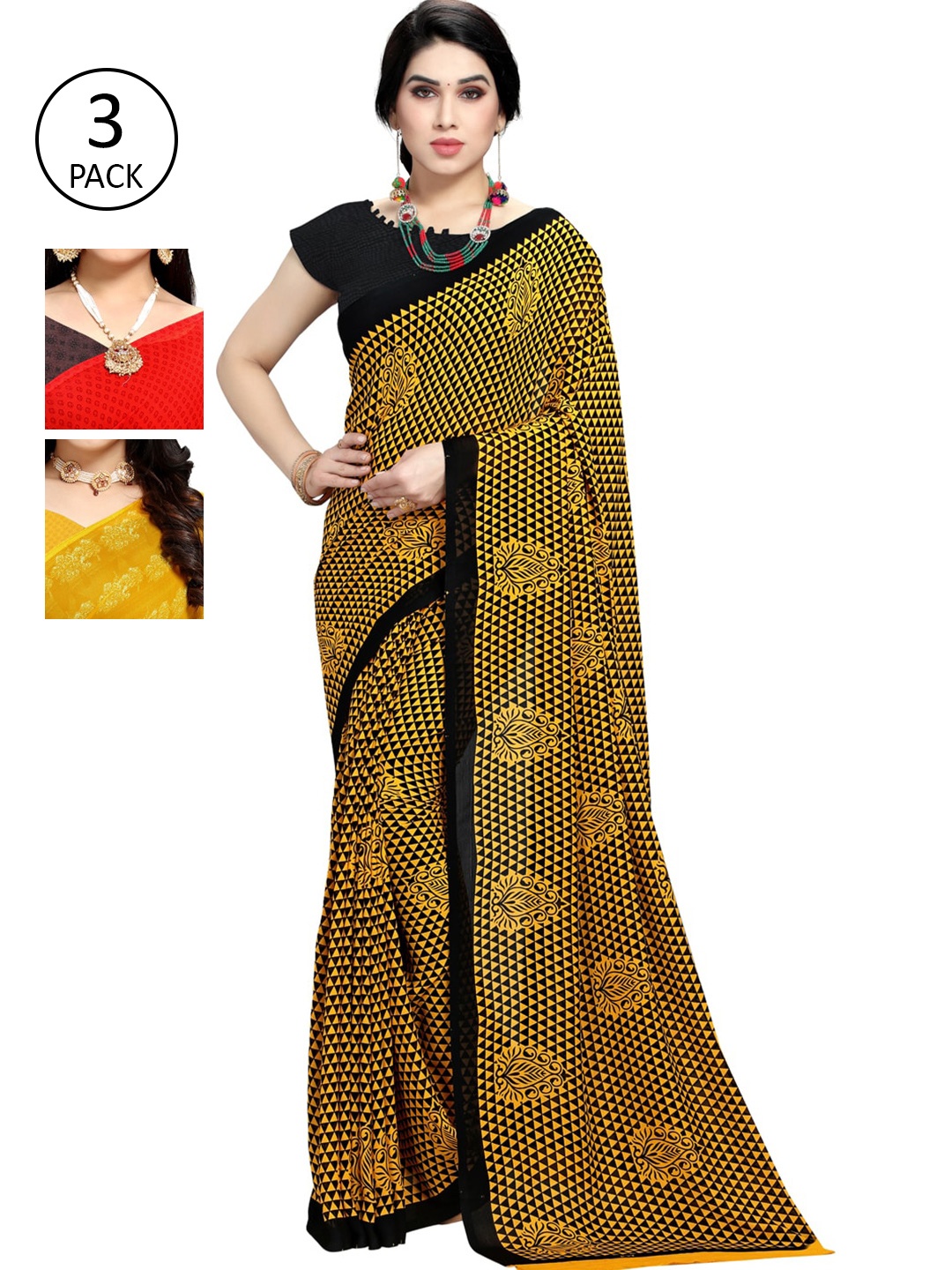 KALINI Pack of 3 Poly Georgette Saree, Yellow
