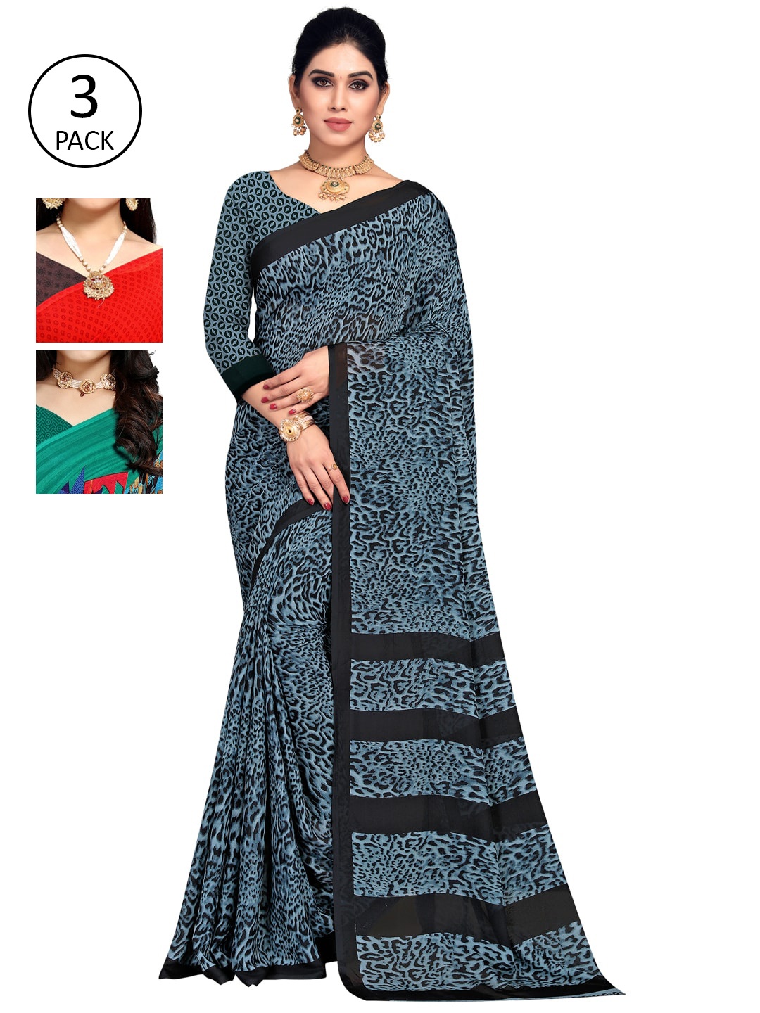 KALINI Pack of 3 Printed Poly Georgette Sarees, Red