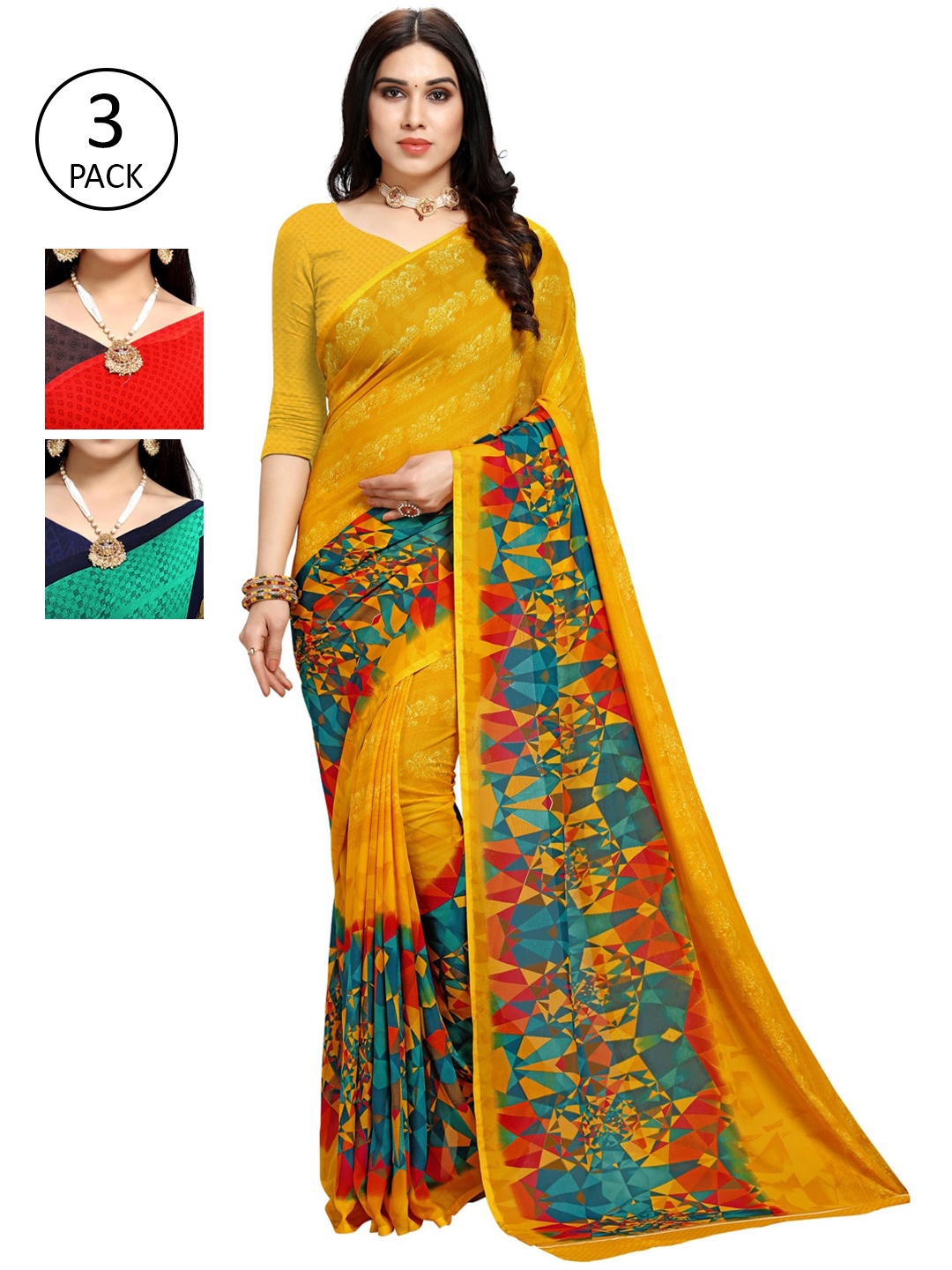 KALINI Red & Yellow Pack of 3 Printed Sarees