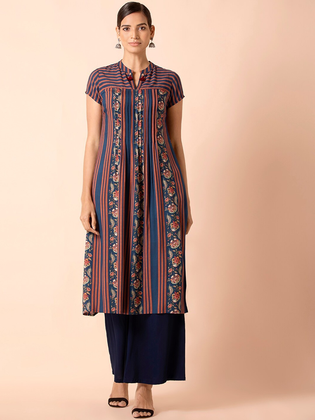 INDYA Women Blue Ethnic Motifs Embroidered Keyhole Neck Thread Work Anarkali Kurta