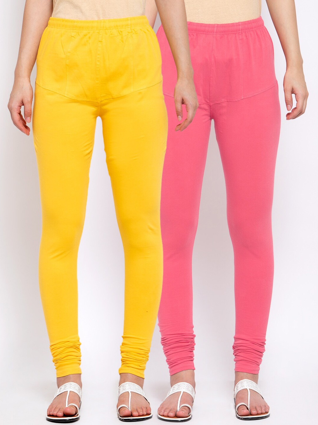KLOTTHE Women Pack of 2 Solid Cotton Churidar-Length Leggings, Pink