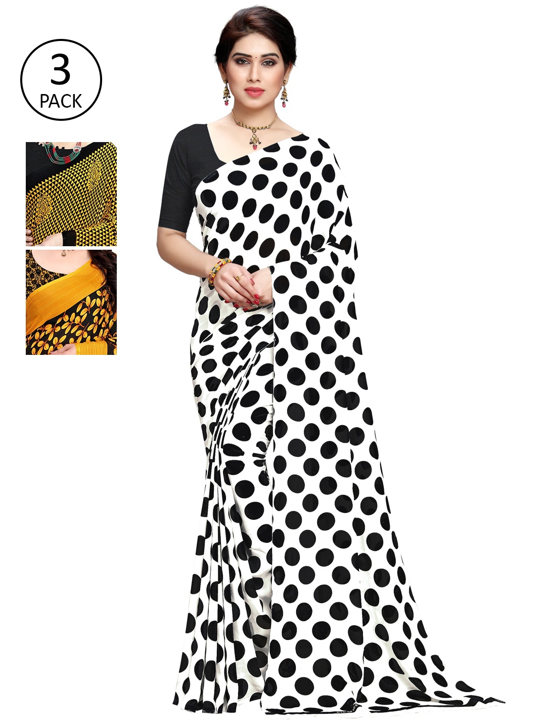 KALINI Pack Of 3 White & Yellow & Black Printed Sarees