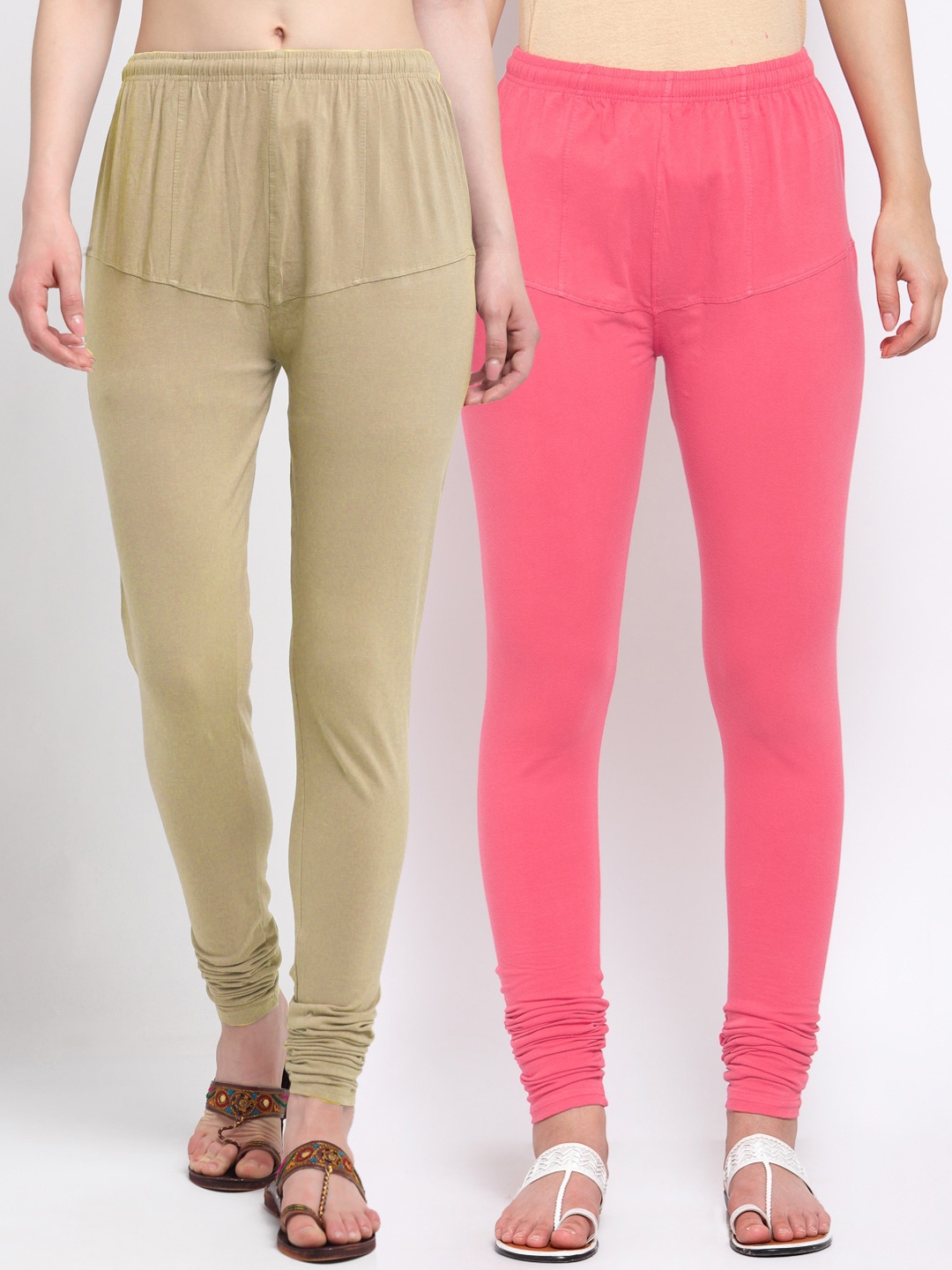 KLOTTHE Women Pack of 2 Pink & Beige Cotton Churidar-Length Leggings