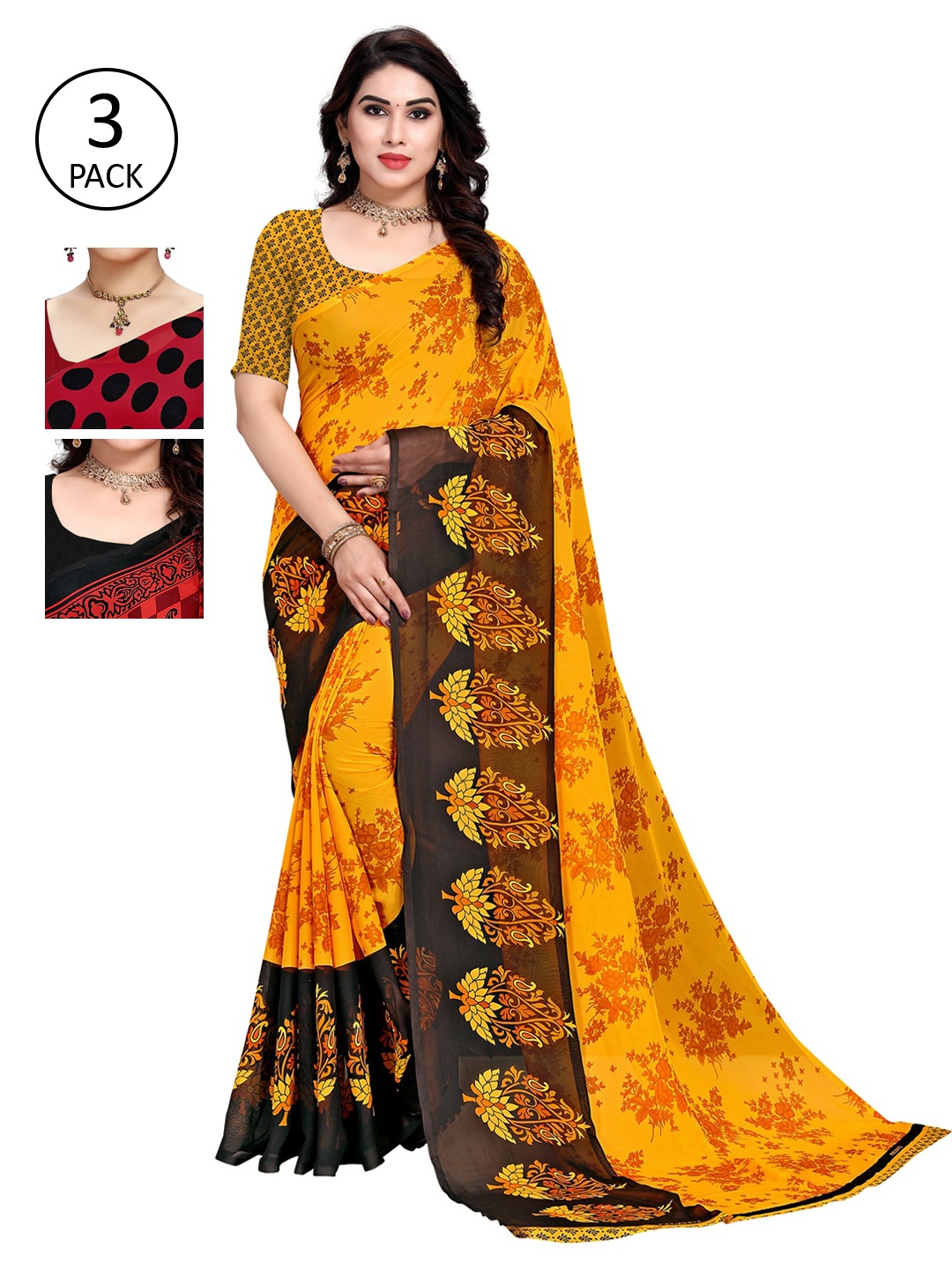 KALINI Pack of 3 Printed Sarees, Red