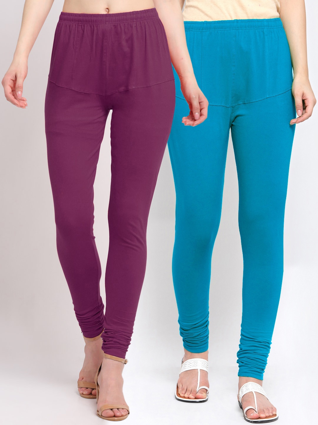 KLOTTHE Women Pack of 2 Solid Cotton Churidar-Length Leggings, Purple
