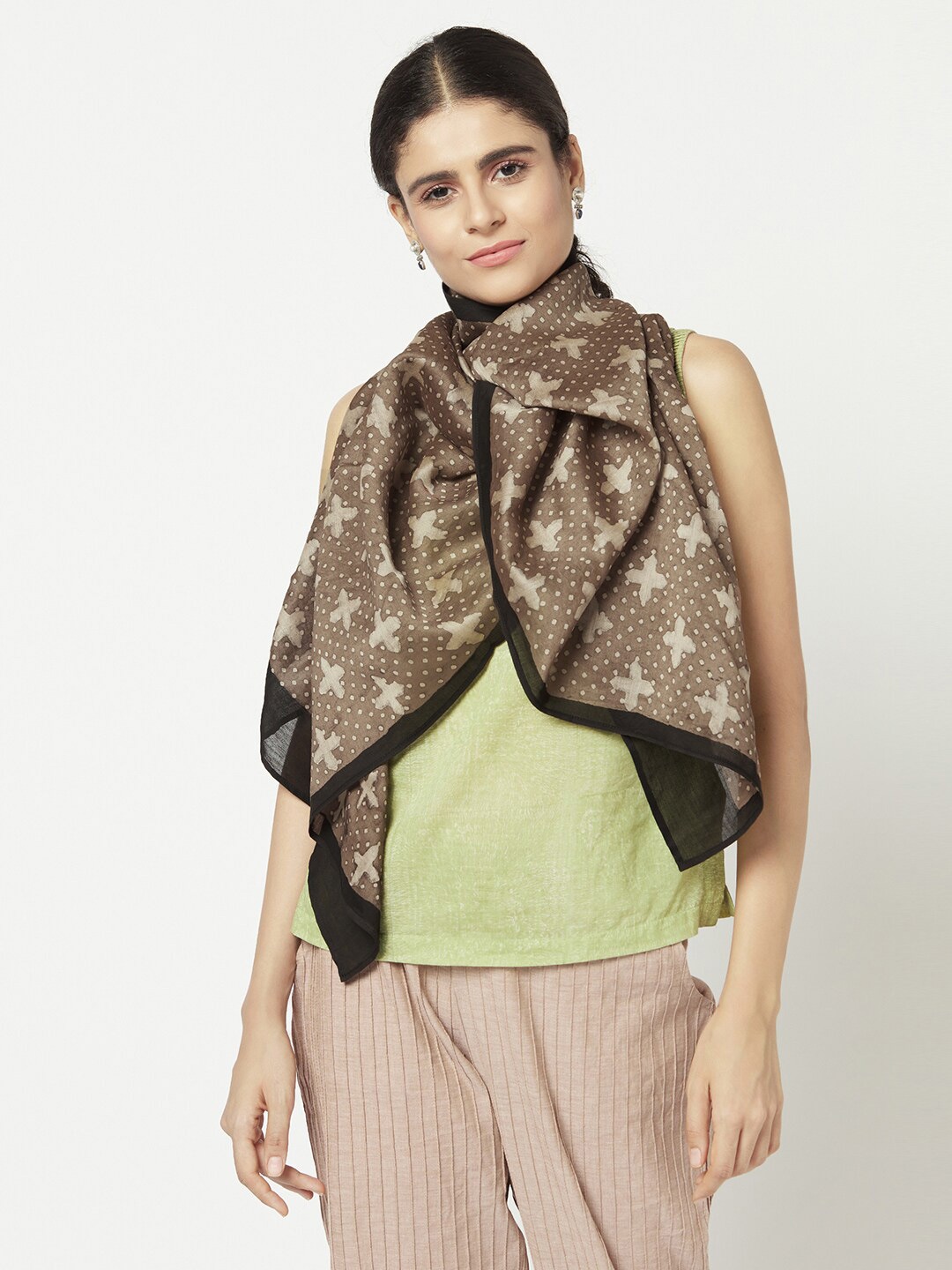 Fabindia Brown Printed Cotton Silk Dupatta