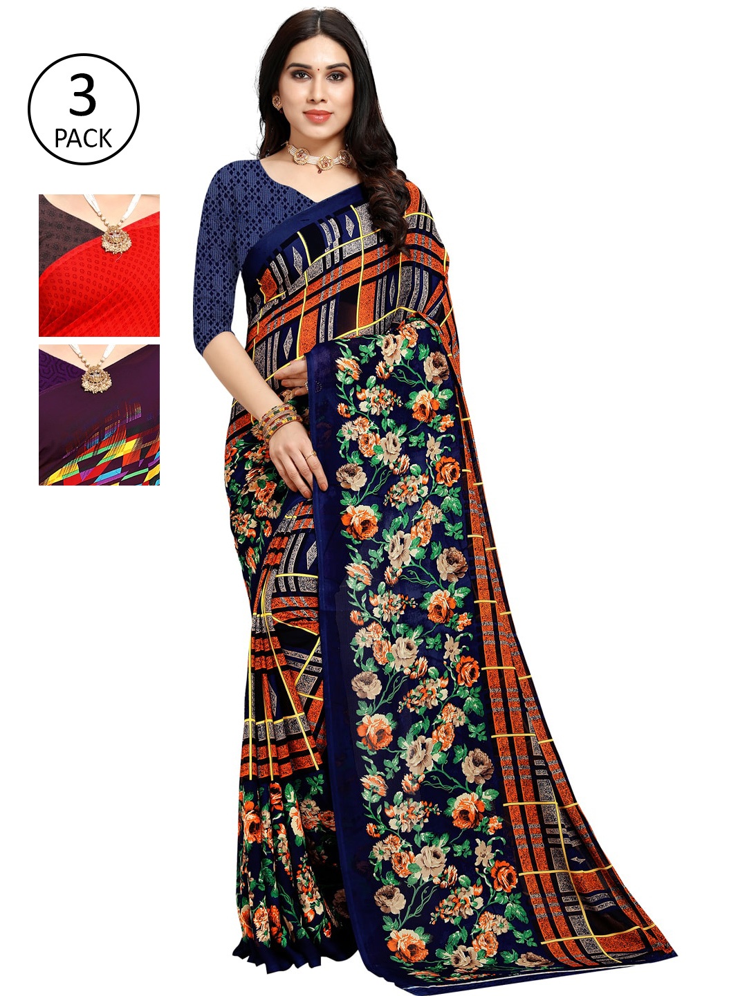 KALINI Pack Of 3 Printed Poly Georgette Sarees, Purple