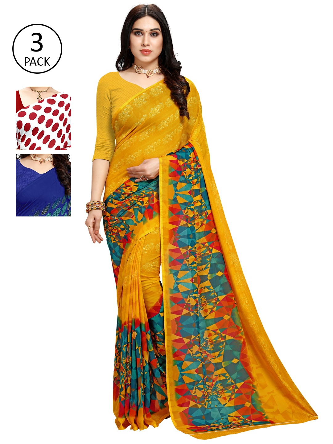 KALINI Women Pack Of 3 Red & Yellow & White Printed Sarees