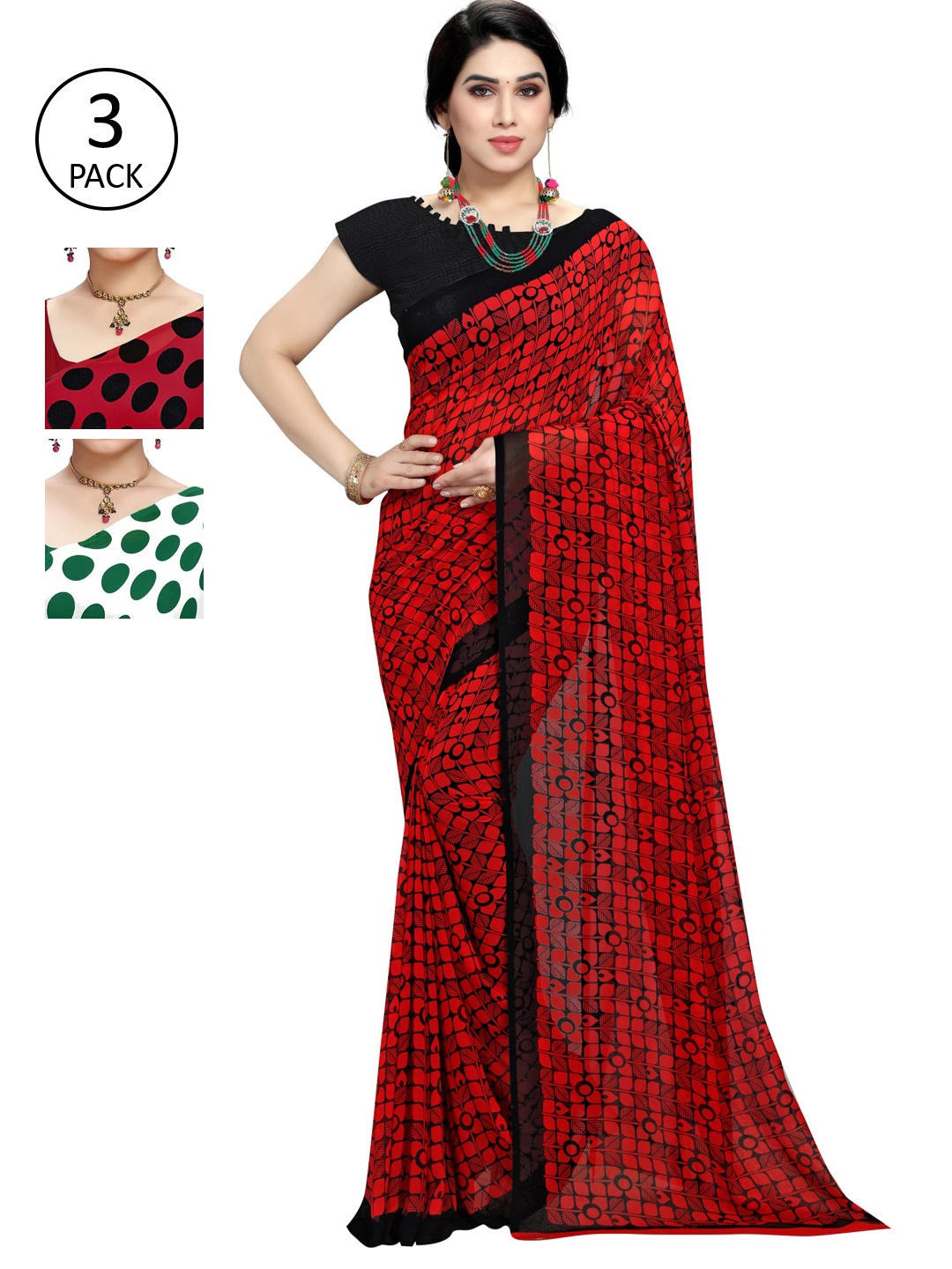 KALINI Pack of 3 Poly Georgette Saree, Red