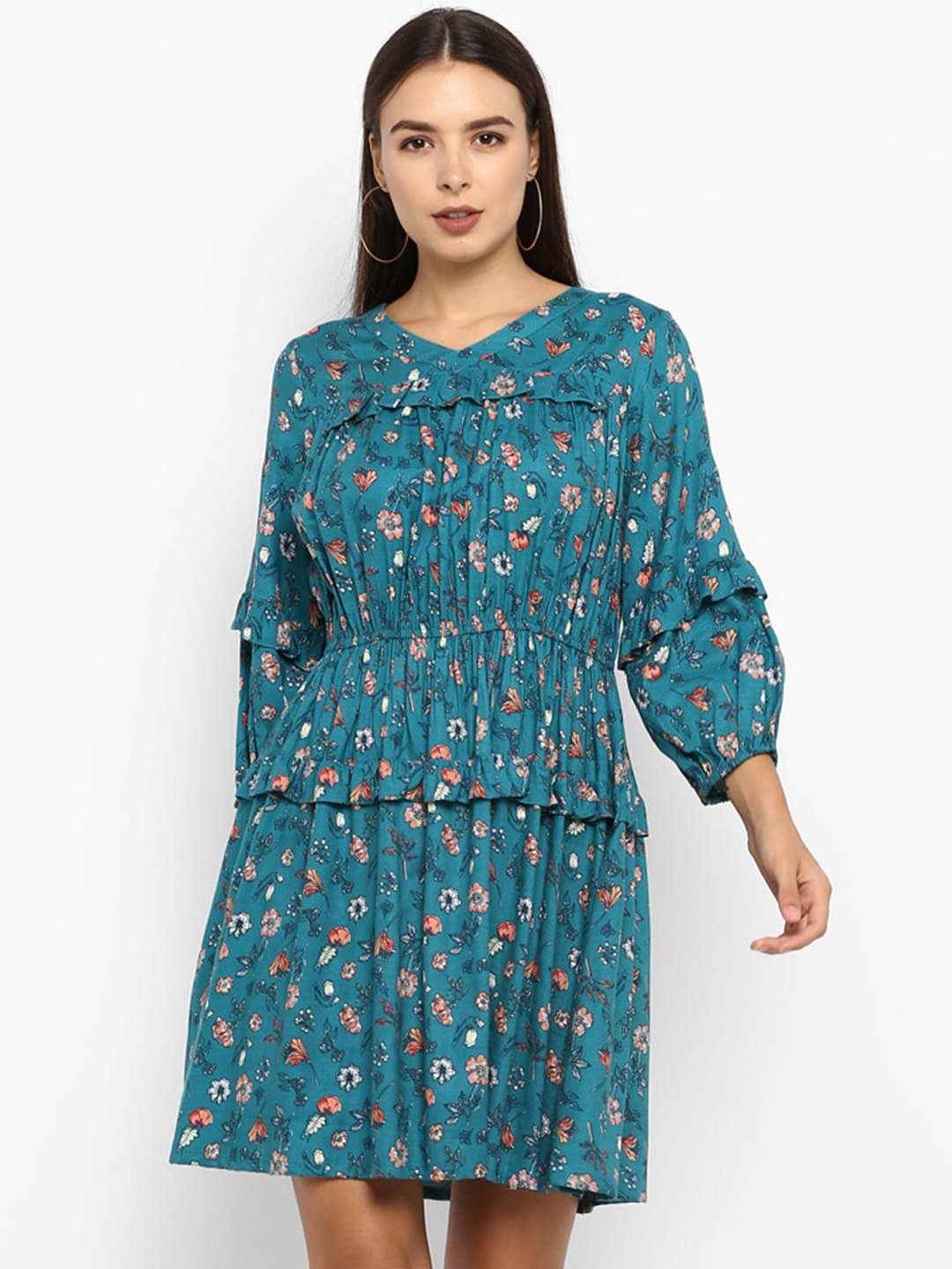 DEEBACO Women Teal Floral Printed Fit & Flare Dress