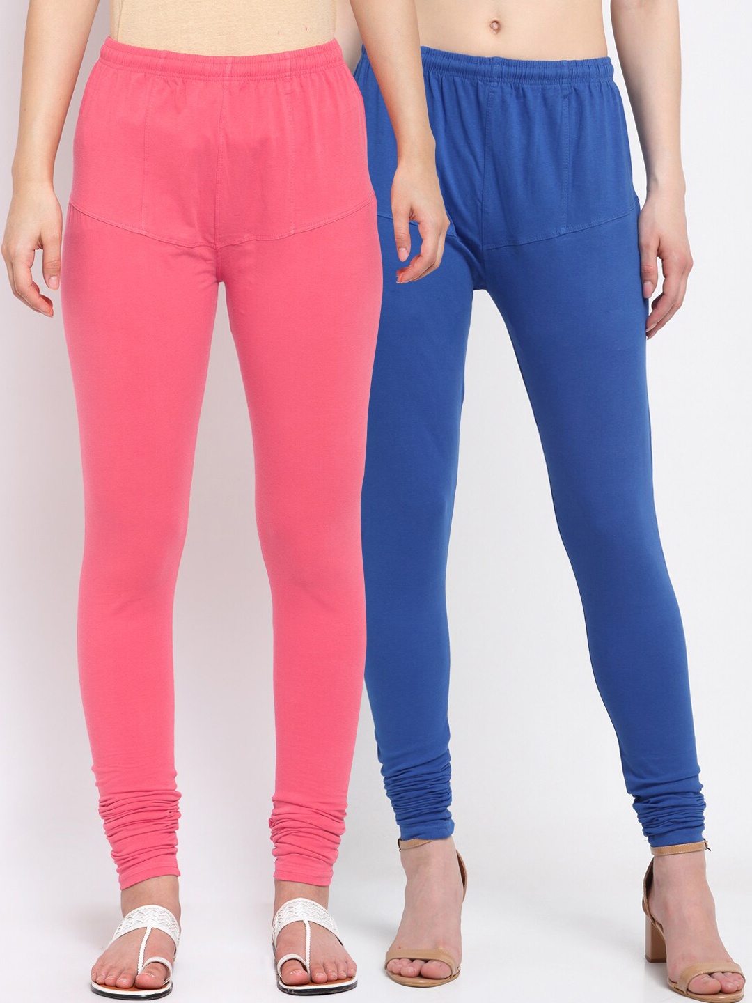 KLOTTHE Women Pack of 2 Solid Cotton Churidar-Length Leggings, Pink