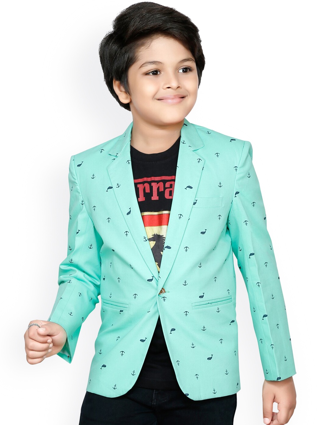 RIKIDOOS Boys Green & Blue Printed Comfort-Fit Single-Breasted Cotton Blazer