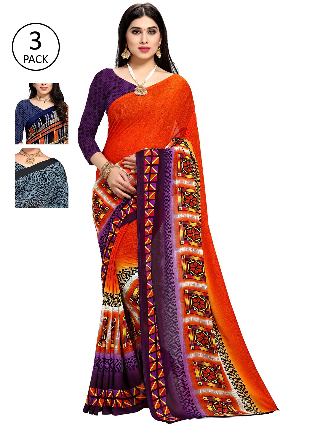 KALINI Women Pack Of 3 Printed Saree, Orange