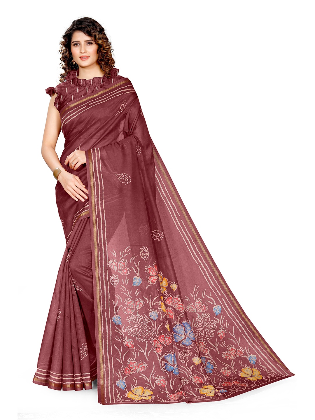KALINI Burgundy & Off White Floral Printed Zari Bagh Saree