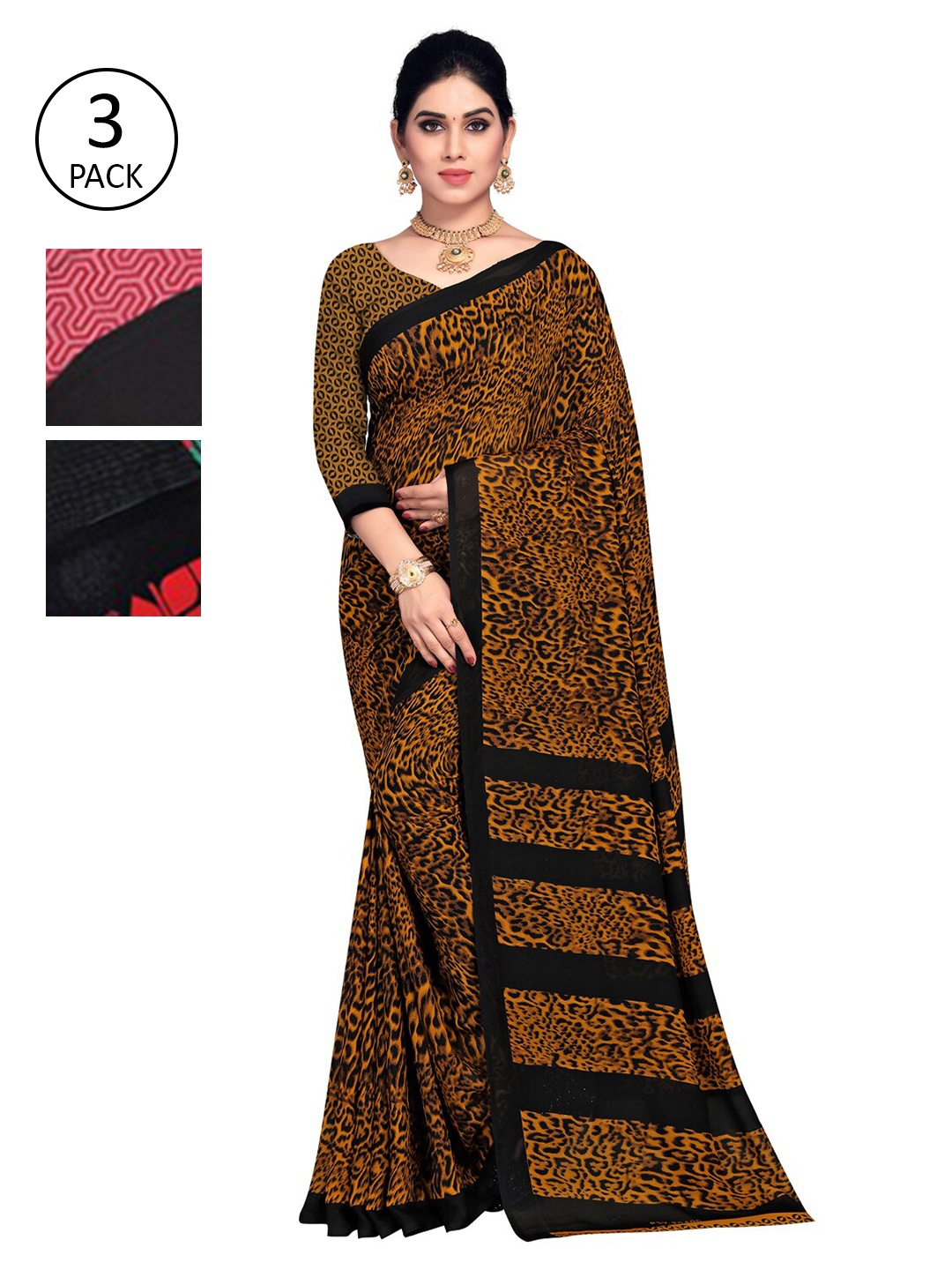 KALINI Set of 3 Red & Pink Floral Printed Sarees