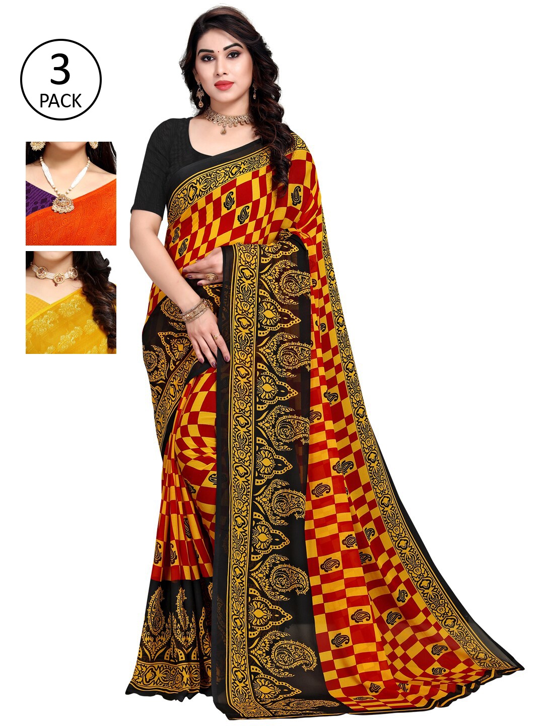 KALINI Women Pack Of 3 Printed Saree, Orange