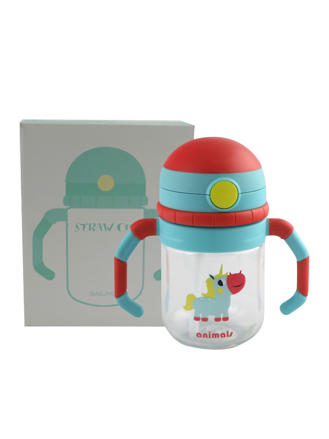 GUCHIGU Unisex Kids Red & Sea Green Solid Sipper Bottle Sippy Cup With Straw & Handle