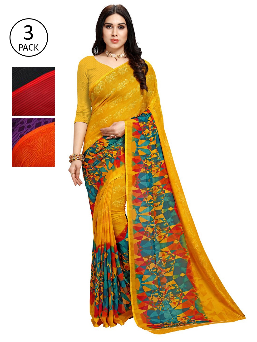 KALINI Set of 3 Yellow & Orange Floral Printed Sarees