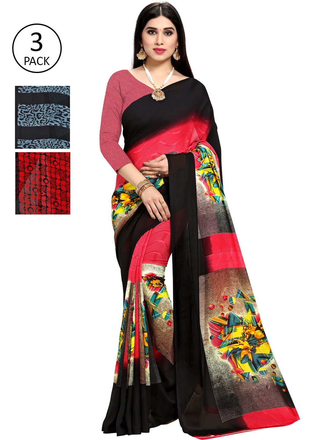 KALINI Pack Of 3 Printed Sarees, Grey