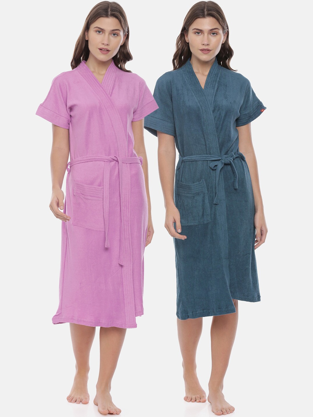 GOLDSTROMS Women Pack Of 2 Lavender & Blue Solid Cotton Bath Robes