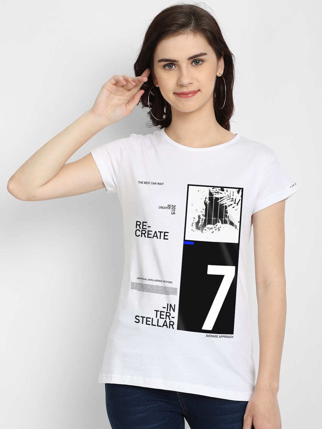 THREADCURRY Women White & Black Techno Trance Printed T-shirt
