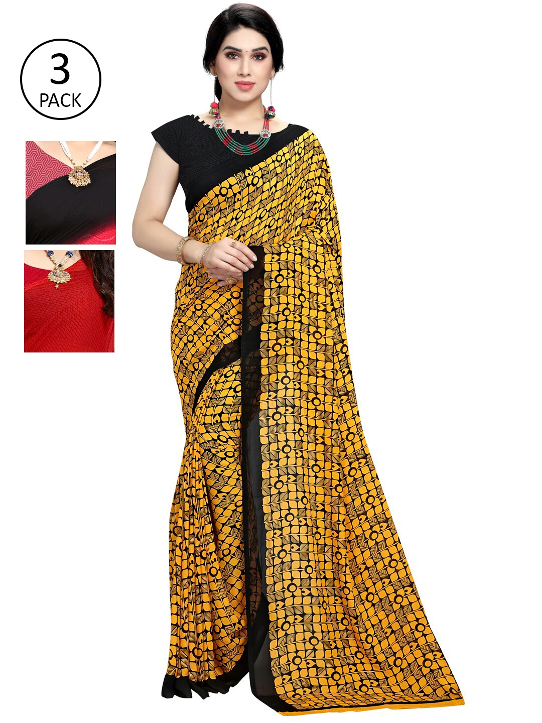KALINI Pack Of 3 Printed Saree, Red