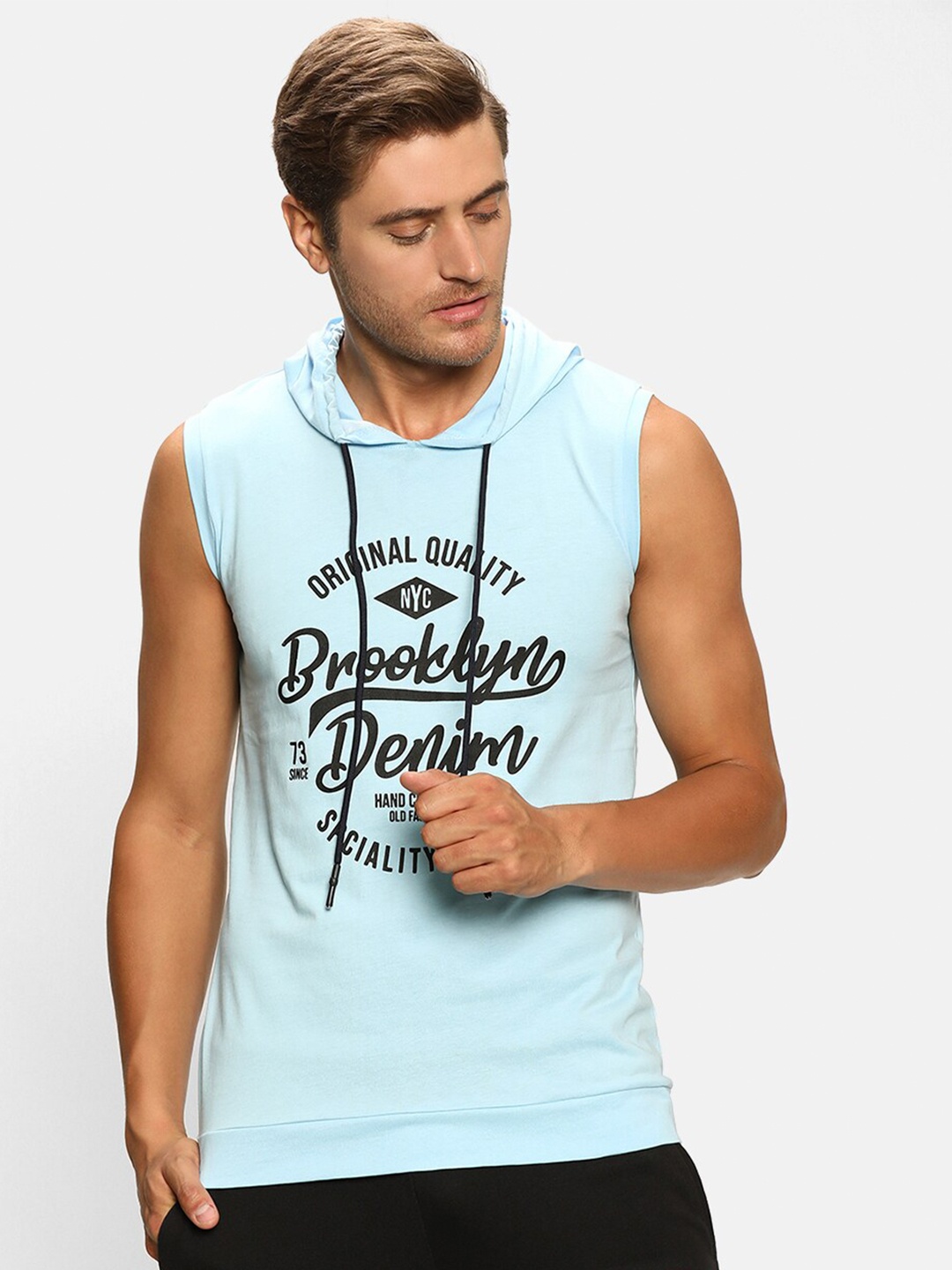 V2 Value & Variety Men Blue Typography Printed Hooded T-shirt