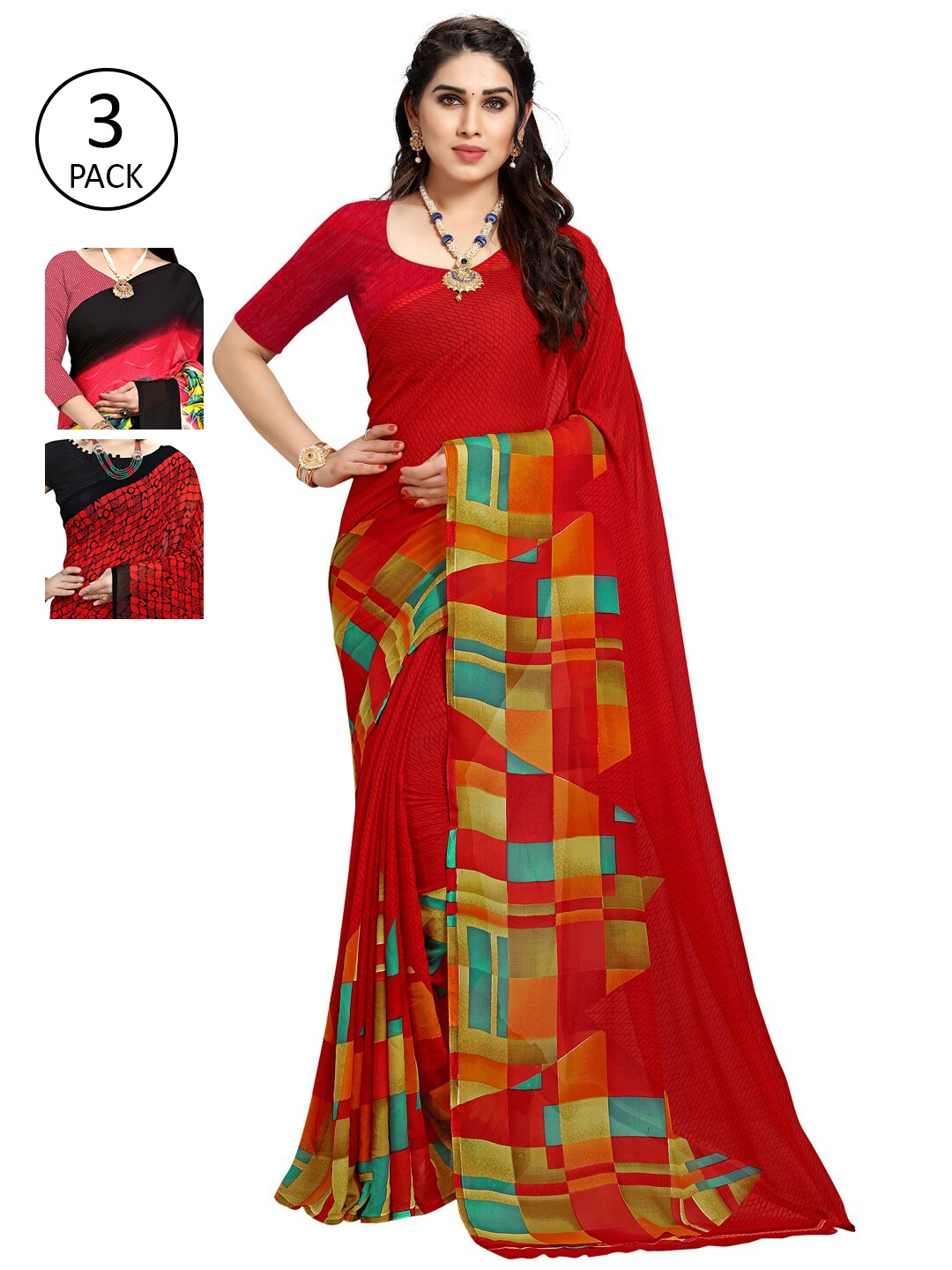 KALINI Set of 3 Red & Pink Printed Sarees