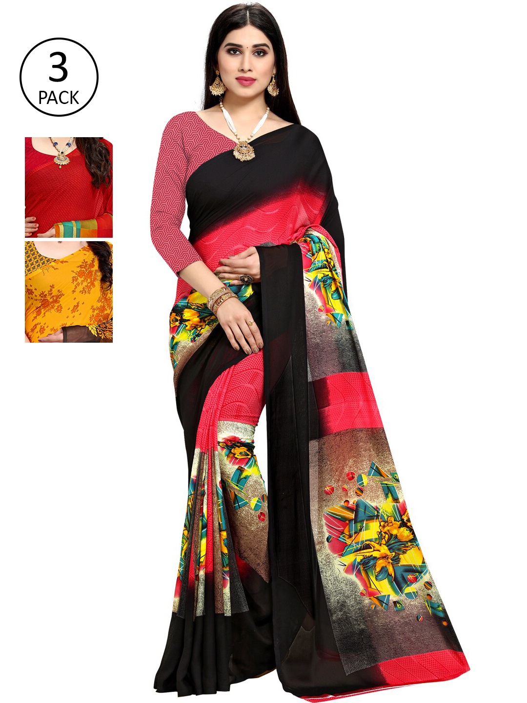 KALINI Pack Of 3 Printed Saree, Yellow
