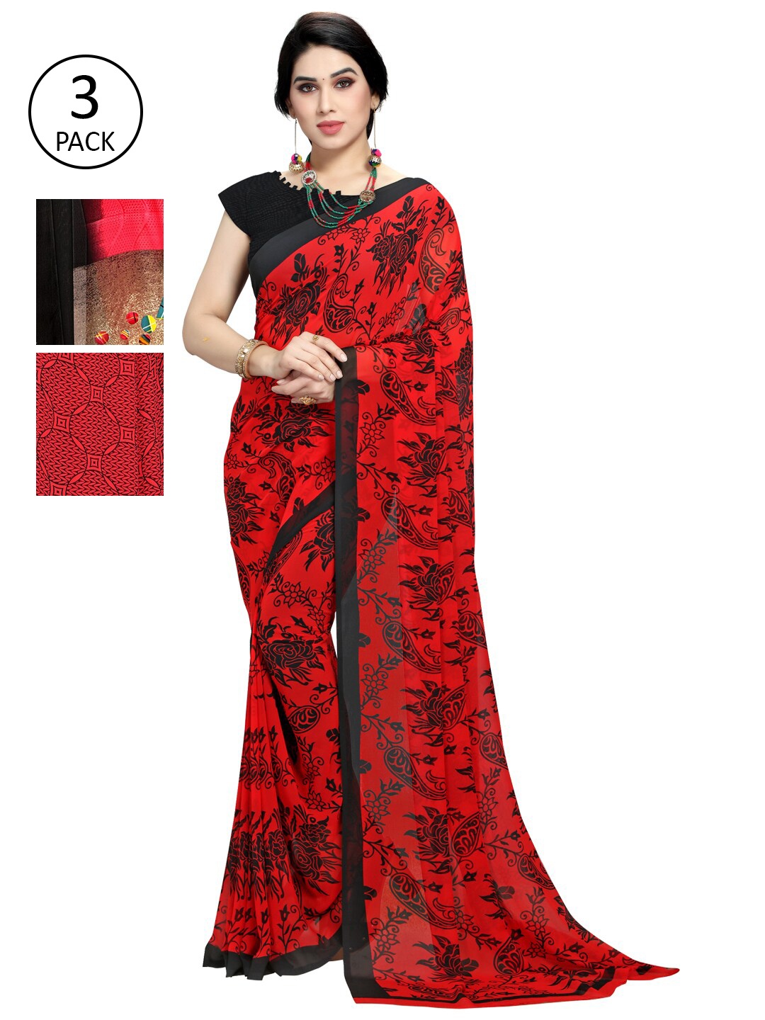 KALINI Pack Of 3 Printed Sarees, Red