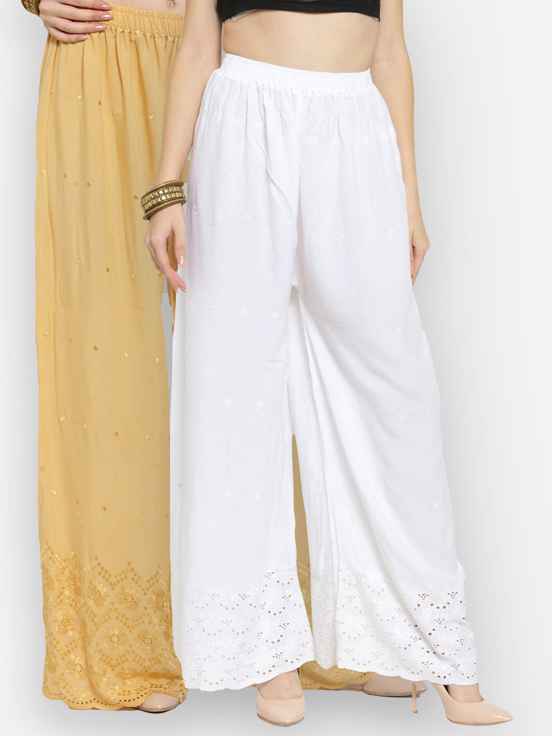 Castle Women Pack of 2 White & Beige Floral Hem Design Flared Ethnic Palazzos
Castle Women Pack of 2 White & Beige Floral Hem Design Flared Ethnic Palazzos