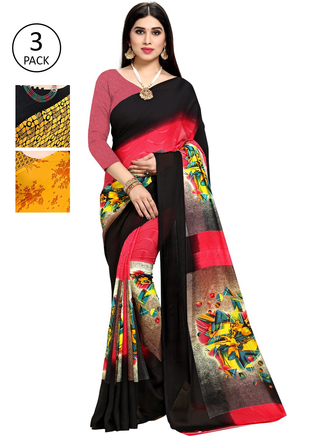 KALINI Pack Of 3 Printed Sarees, Yellow