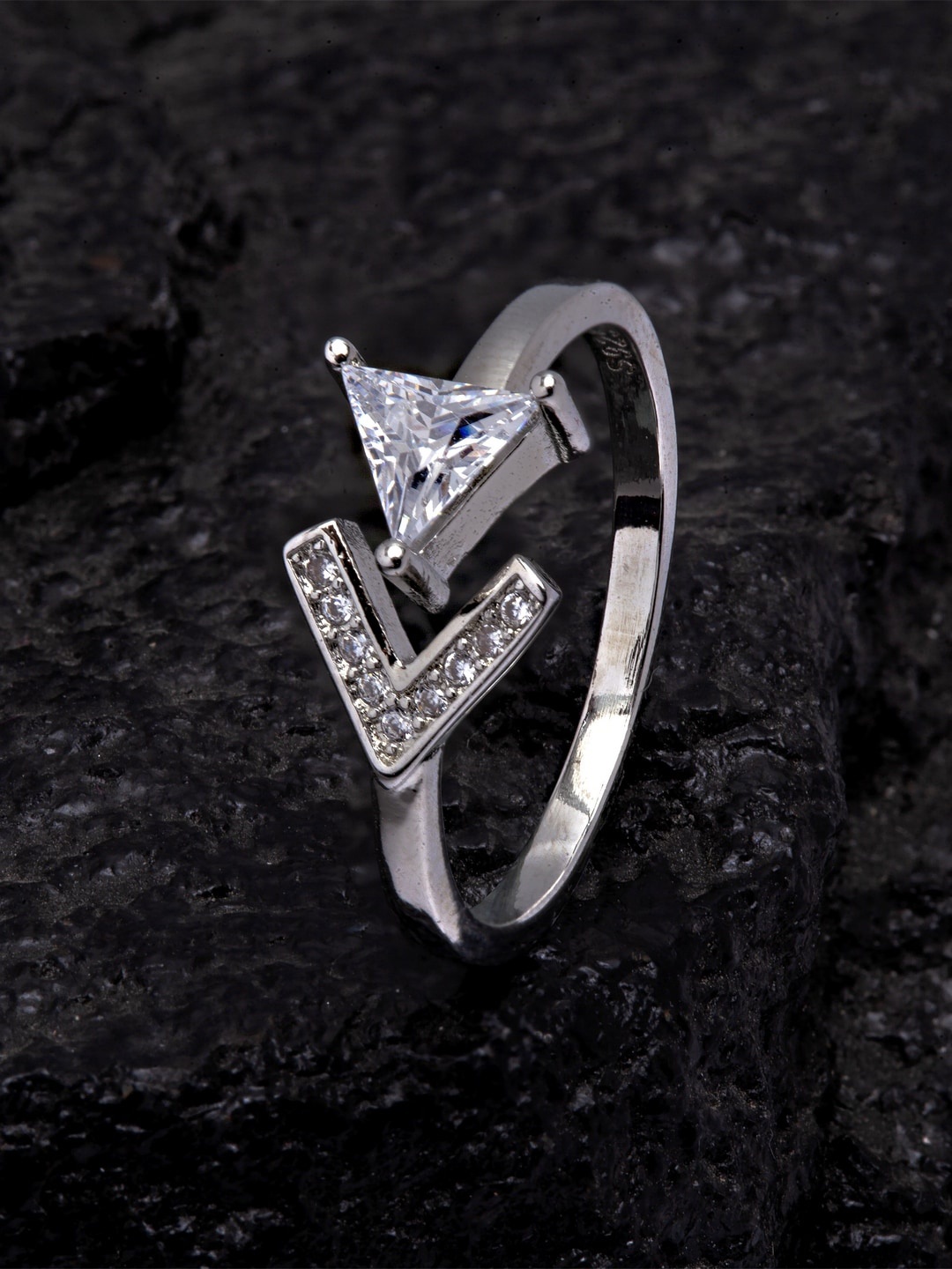 Ferosh Silver-Toned & White Stone-Studded Triangle Design Adjustable Finger Ring