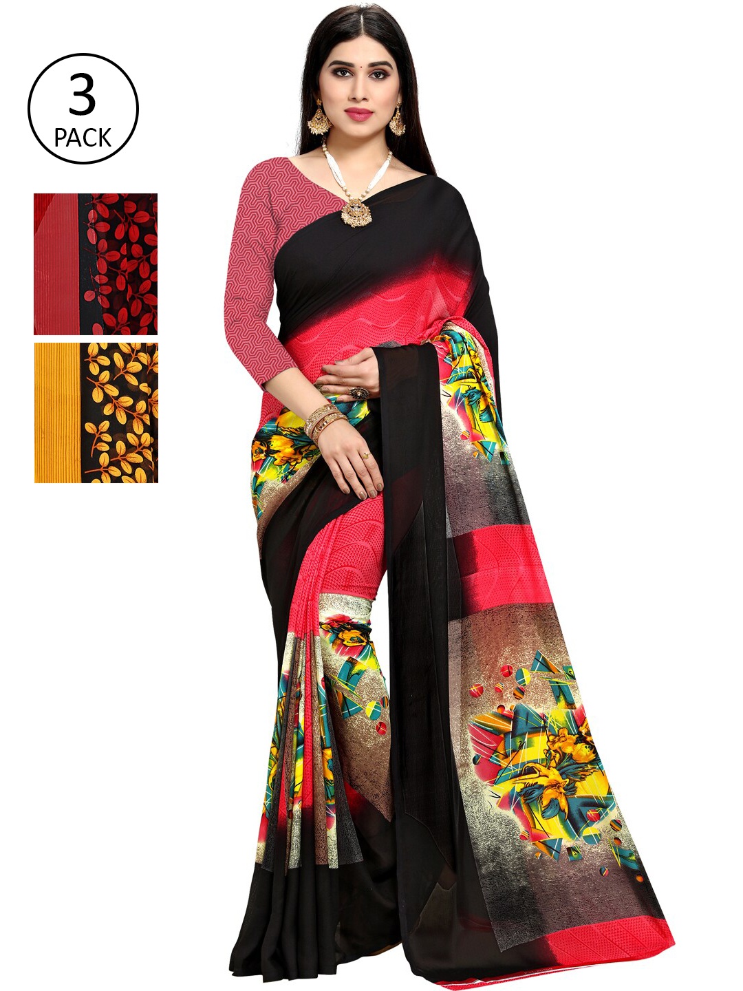 KALINI Pack Of 3 Printed Saree, Pink