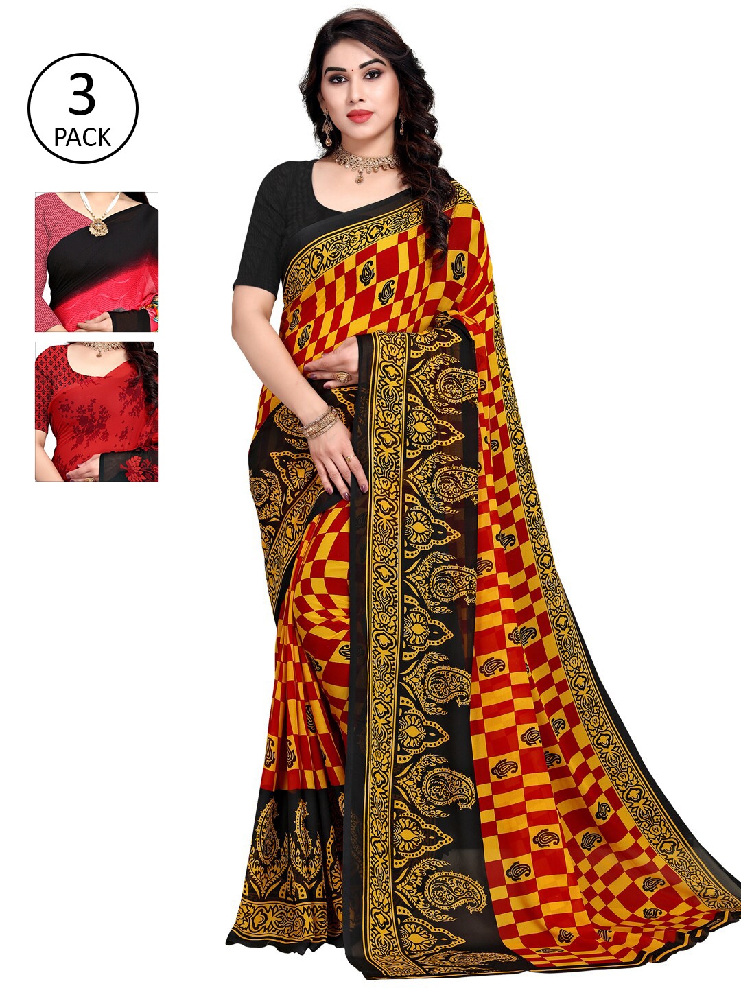 KALINI Pack Of 3 Printed Sarees, Red
