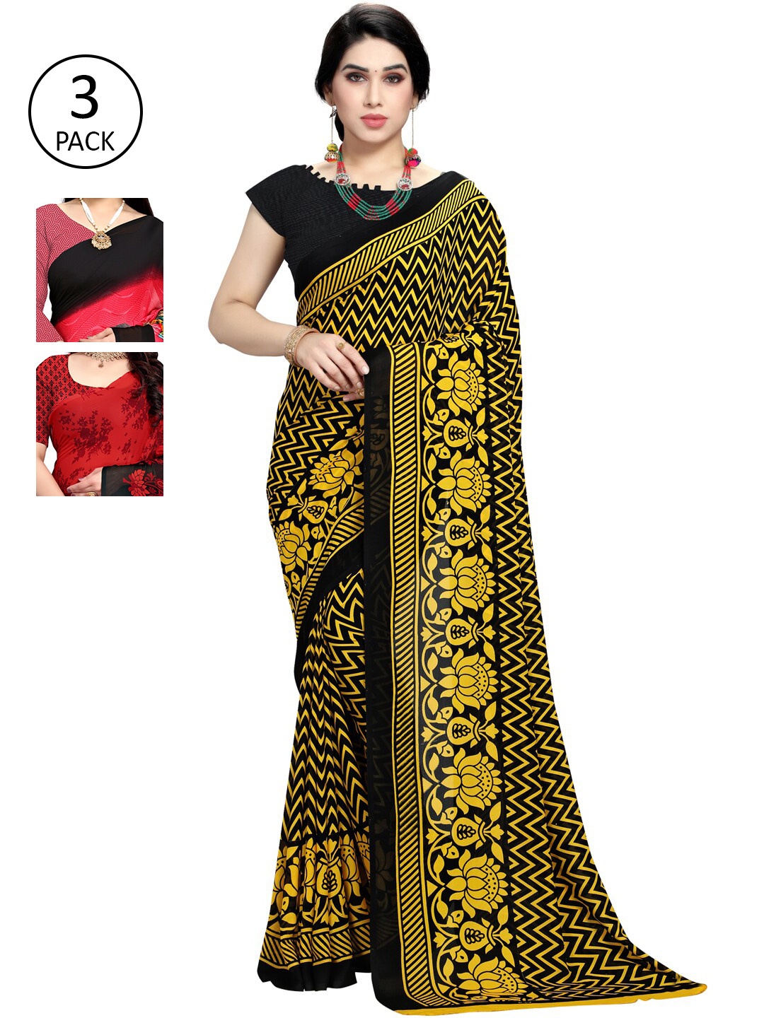 KALINI Pack of 3 Red & Yellow Printed Poly Georgette Sarees